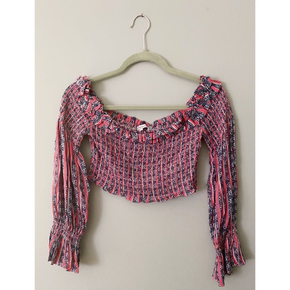 OLIVACEOUS Navy / Coral Striped Smocked Crop Top